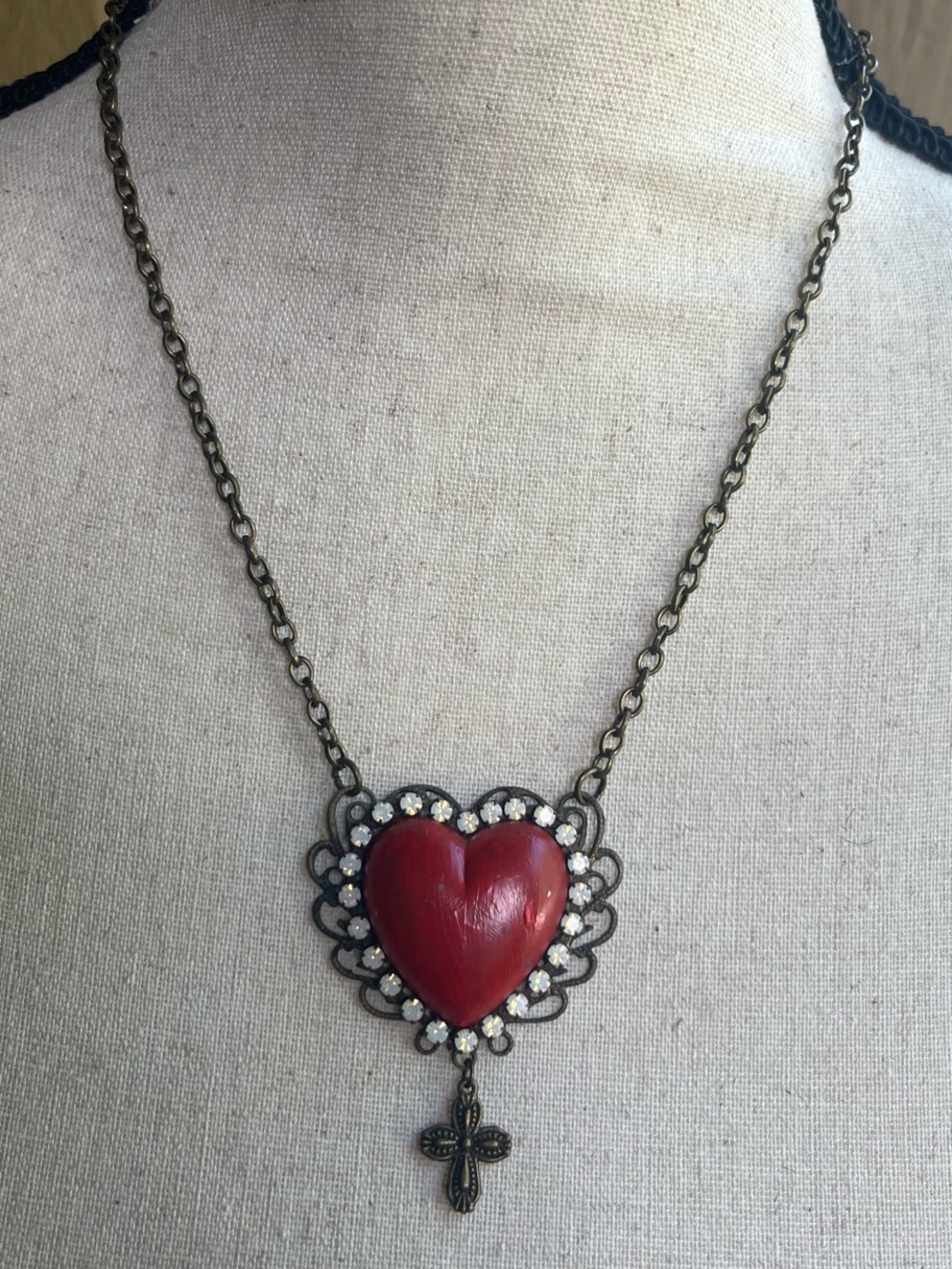 American Vintage Red Heart Pendant Necklace with Cross Charm